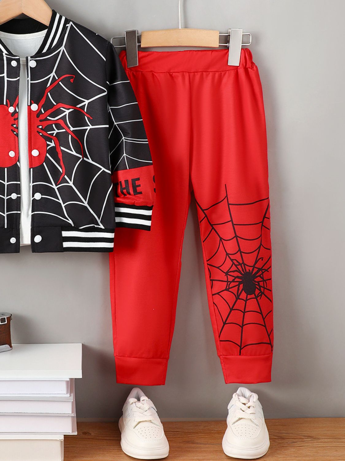 Kids' Spider Print Baseball Collar Top and Pants Outfit