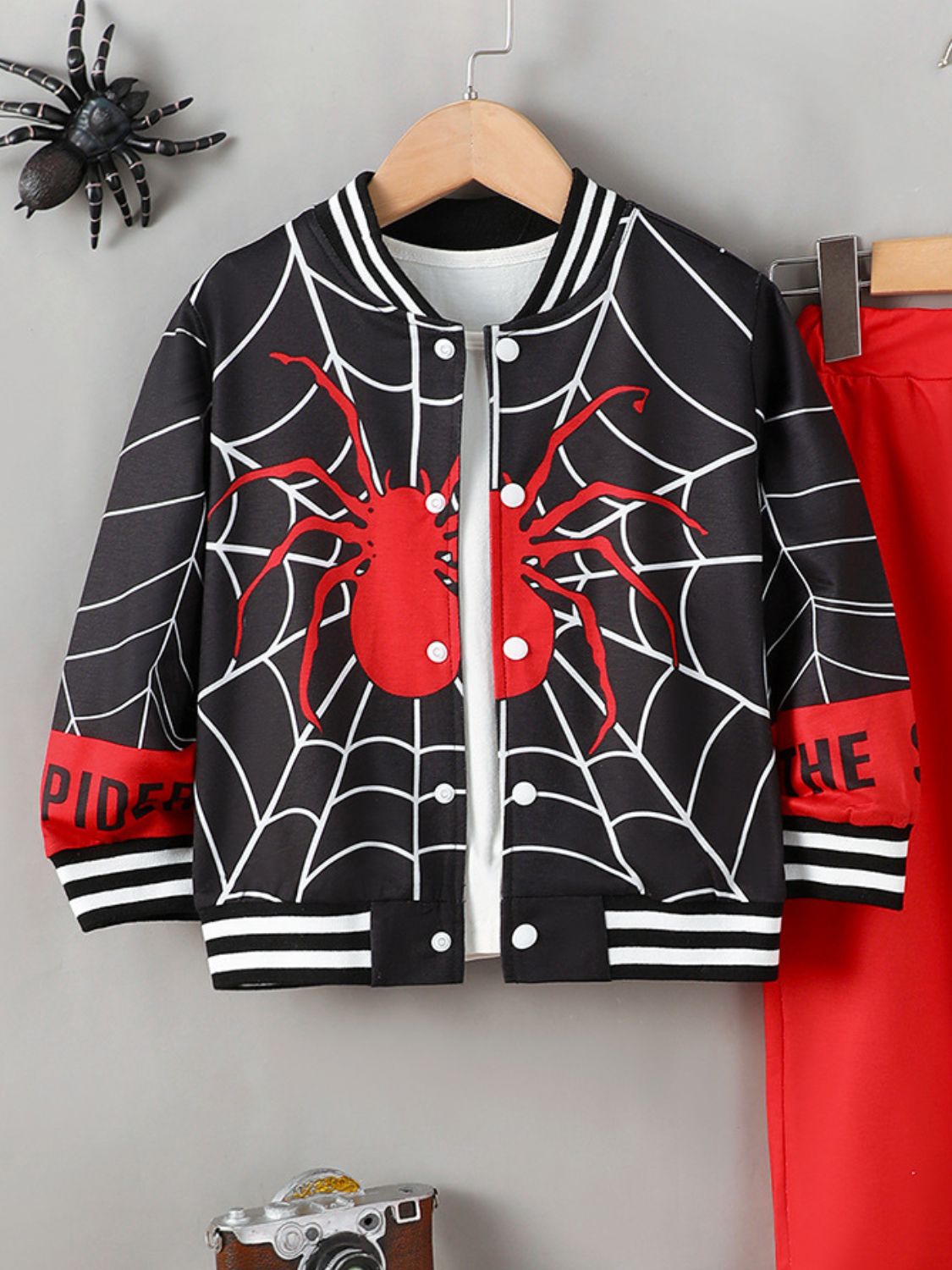 Kids' Spider Print Baseball Collar Top and Pants Outfit