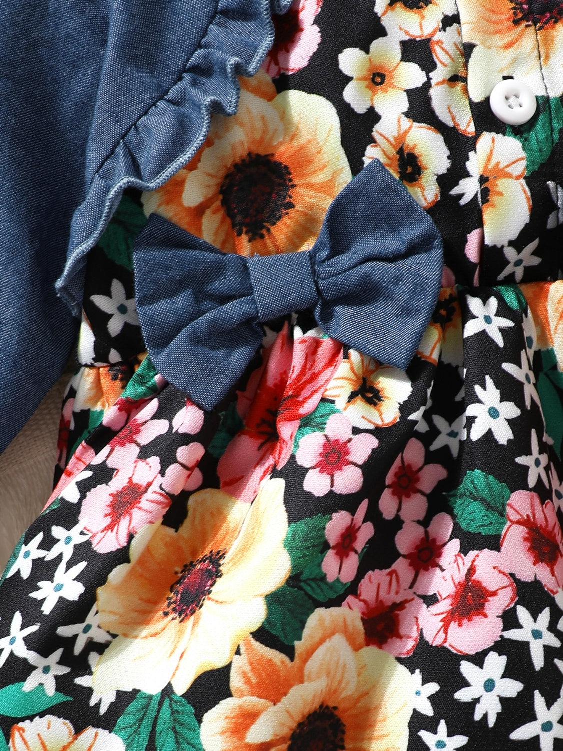 Child's Contrast Floral Dress with Ruffled Bow and Headband