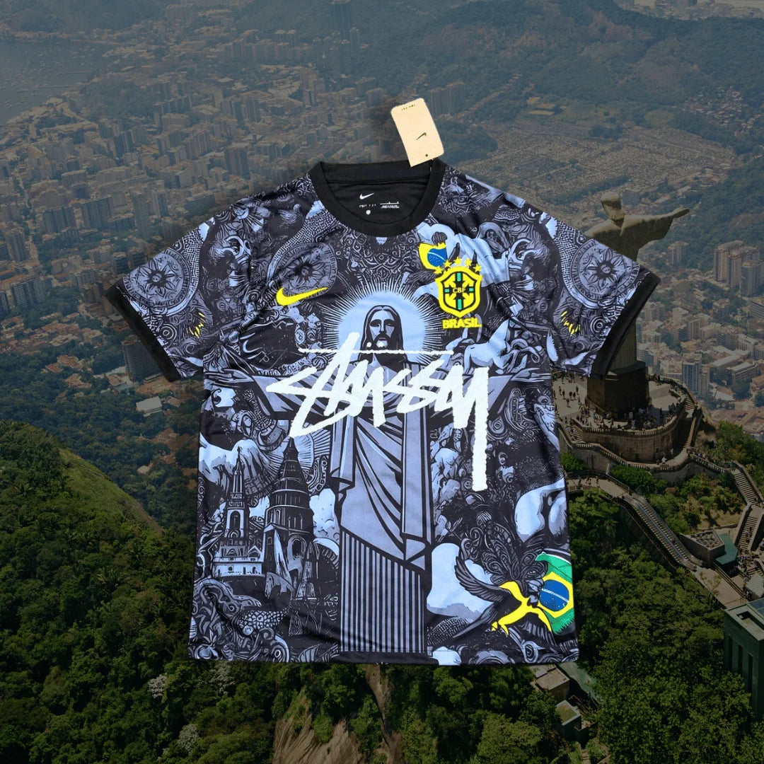 2024 Stussy Brazilië Voetbalshirt Zwart - Jezus Christus De Verlosser