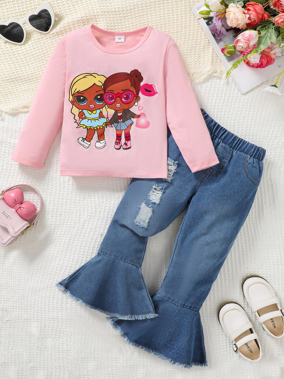 Kids' Graphic Print Round Neck Top and Pants Matching Set