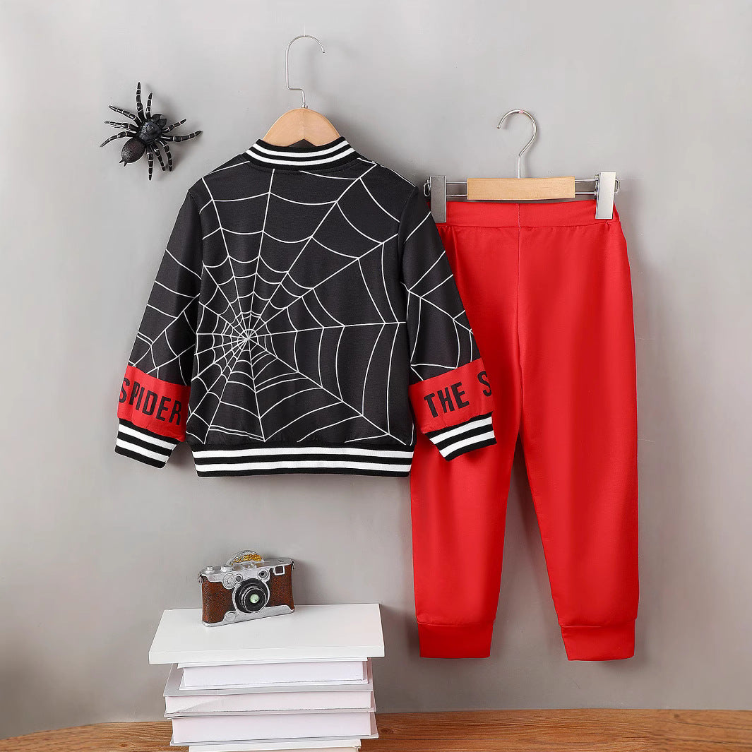 Kids' Spider Print Baseball Collar Top and Pants Outfit