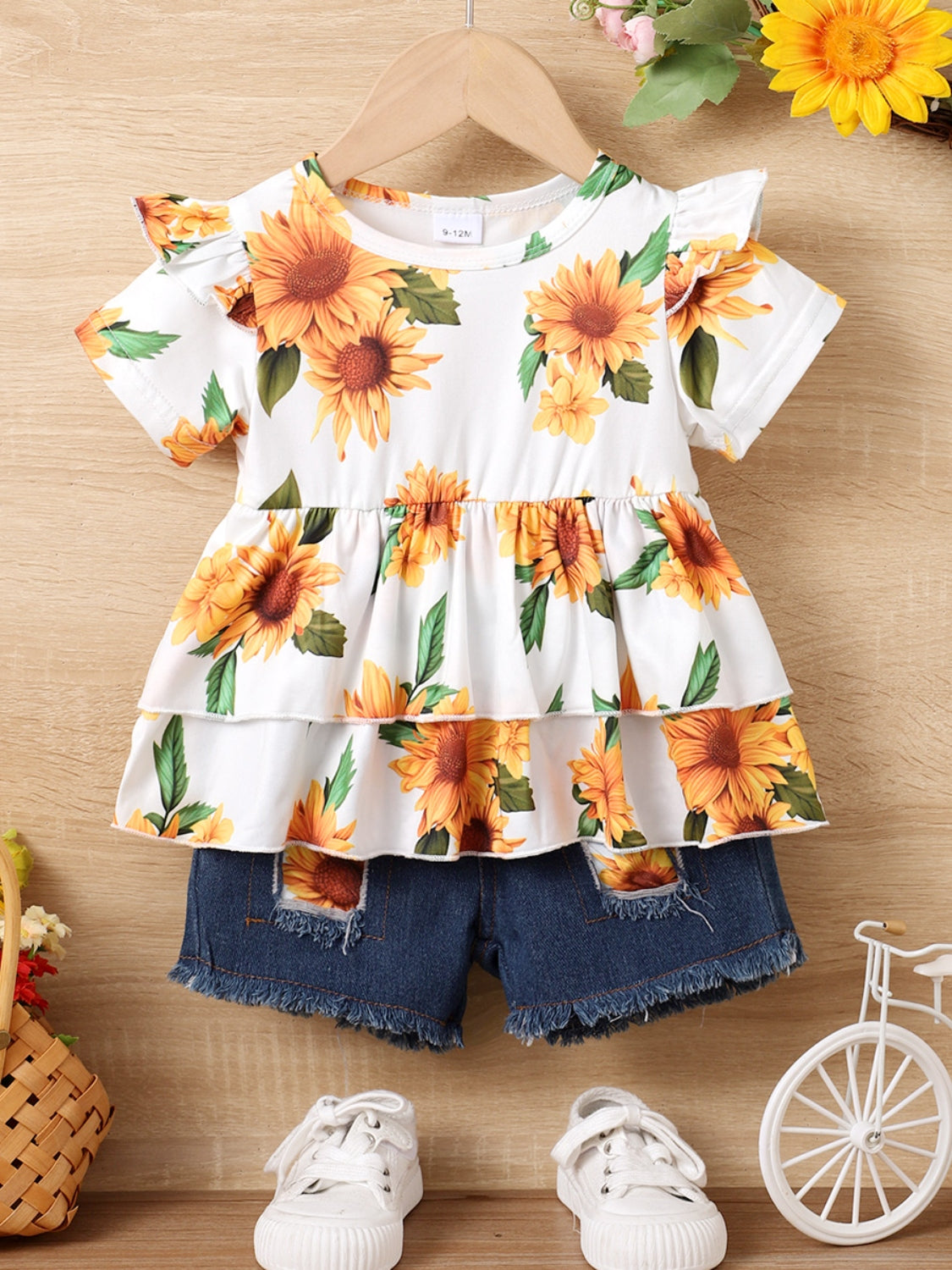 Kids' Sunflower Ruffled Short-Sleeve Top and Shorts Matching Set