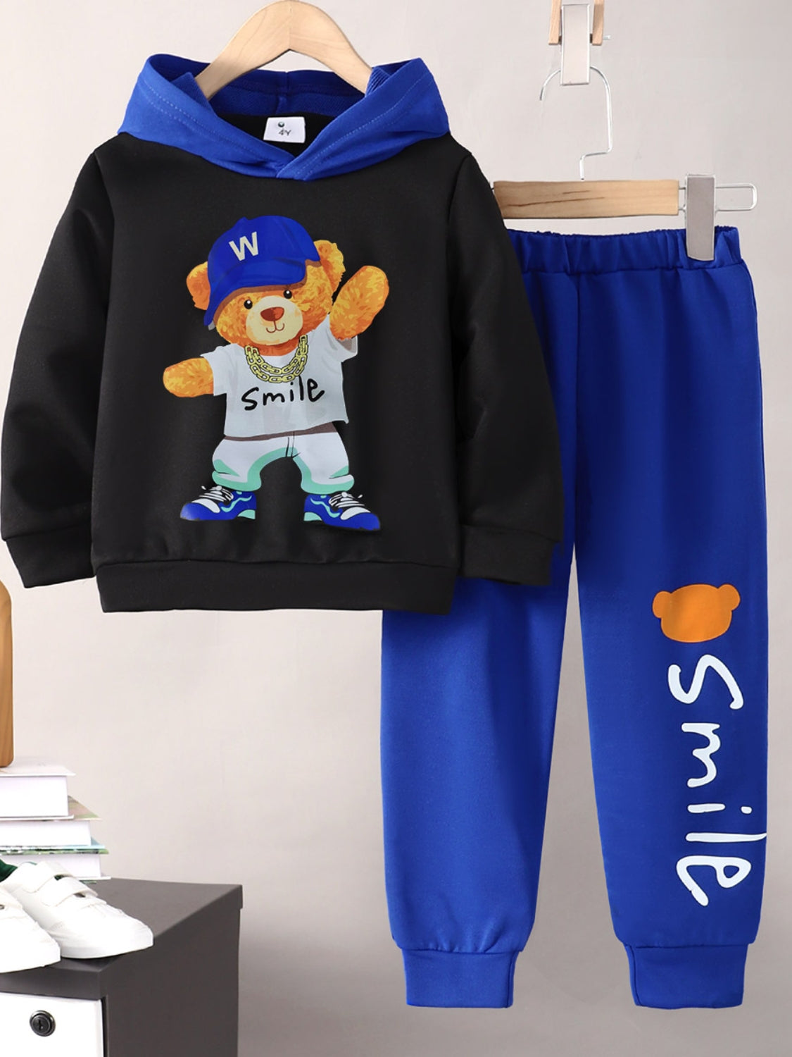 Kids' Cartoon Print Hoodie and Pants Matching Ensemble