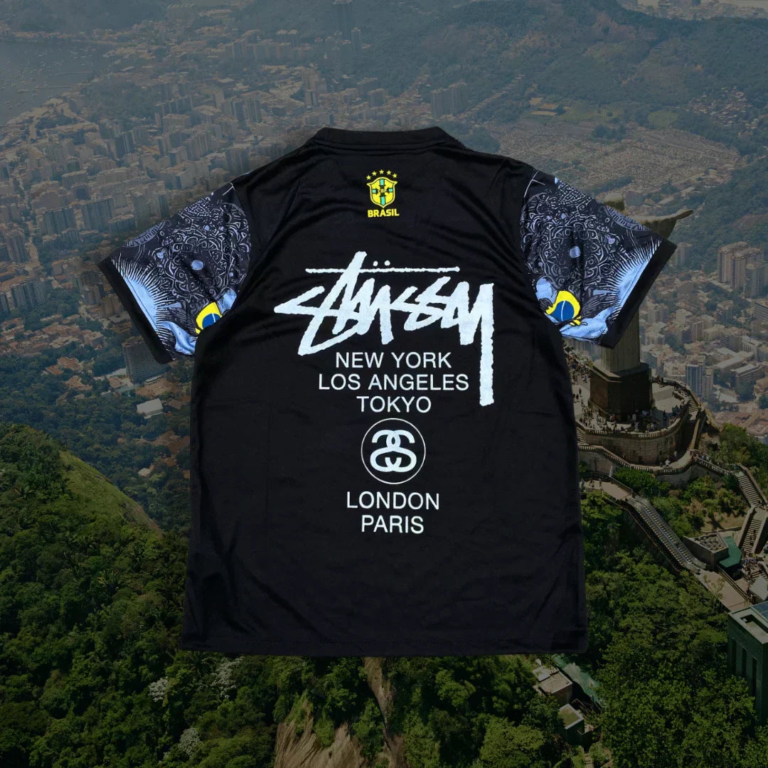 2024 Stussy Brazilië Voetbalshirt Zwart - Jezus Christus De Verlosser
