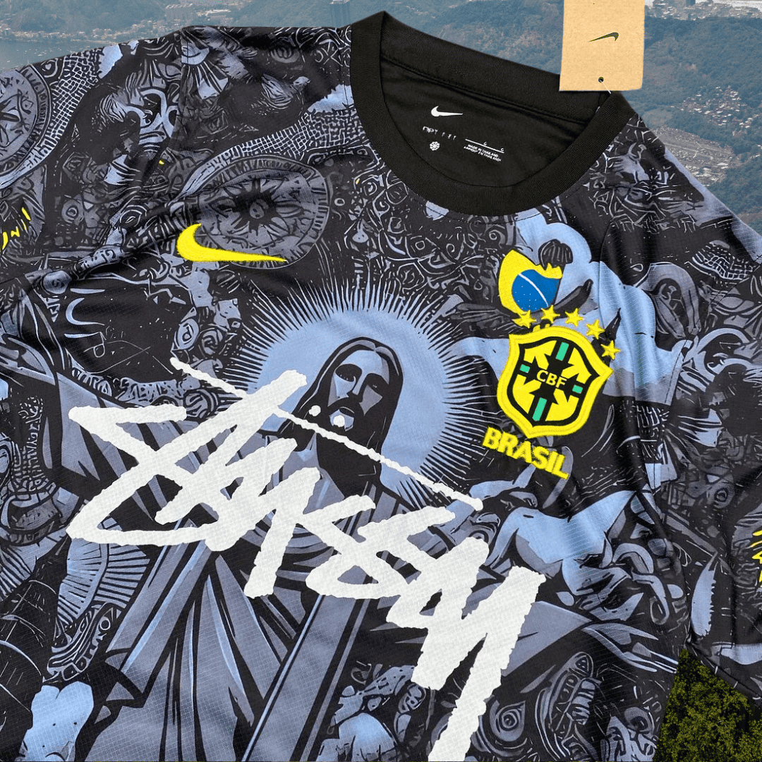 2024 Stussy Brazilië Voetbalshirt Zwart - Jezus Christus De Verlosser