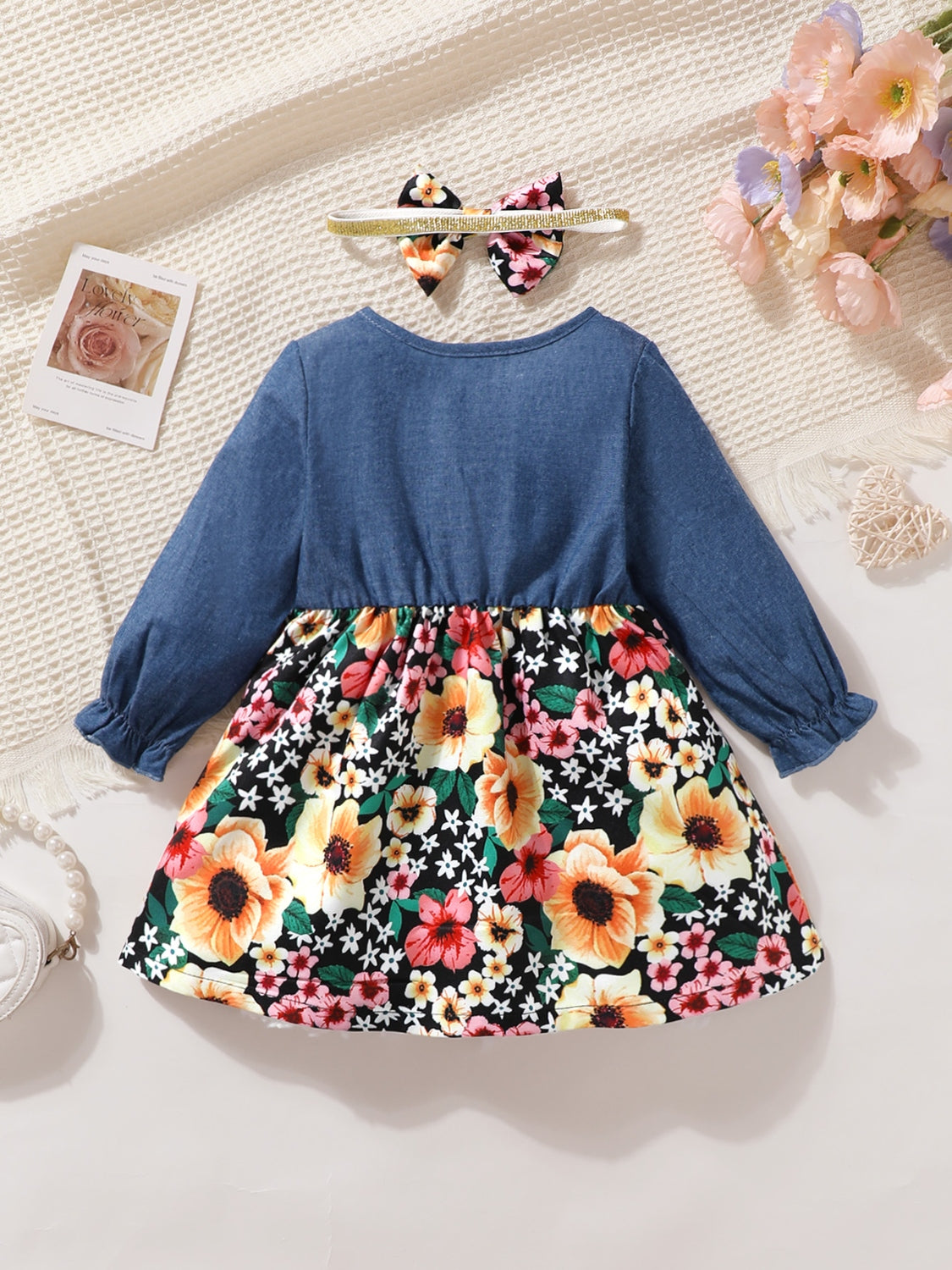 Child's Contrast Floral Dress with Ruffled Bow and Headband