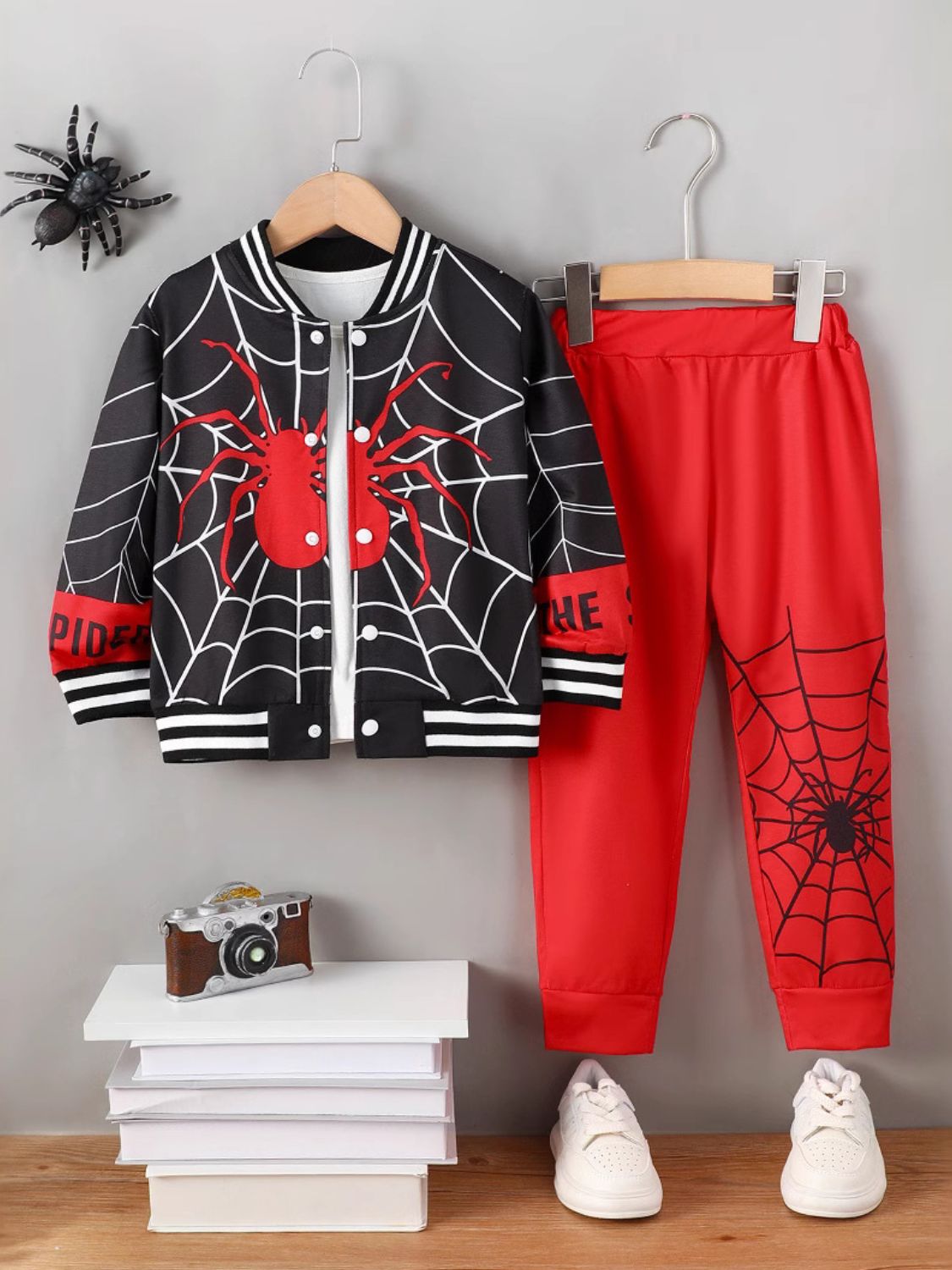 Kids' Spider Print Baseball Collar Top and Pants Outfit
