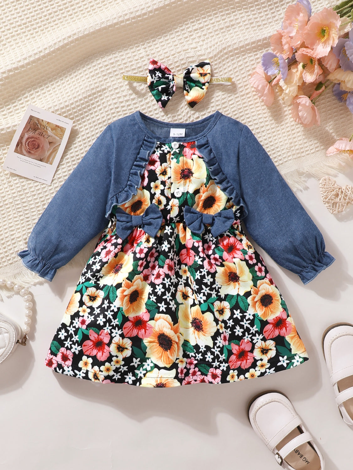 Child's Contrast Floral Dress with Ruffled Bow and Headband